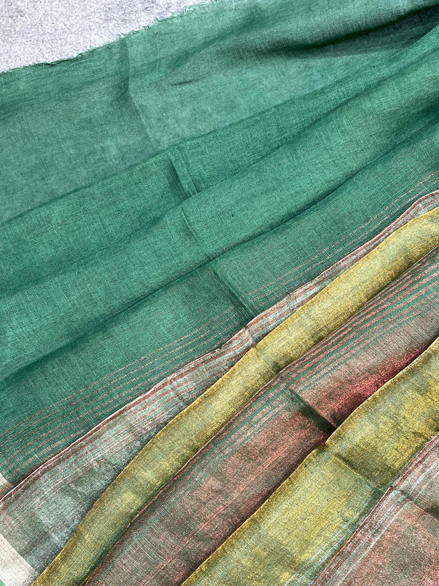 EMERALD GREEN PURE HANDLOOM LINEN TISSUE STRIPES SAREE