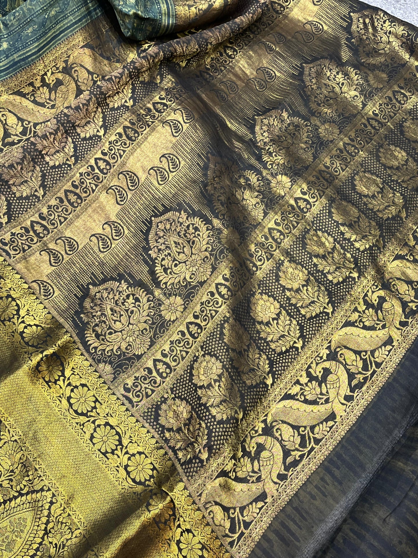 OLIVE GREEN KANJIVARAM SILK PURE HANDLOOM AJRAKH HANDBLOCK PRINT NATURAL DYE
