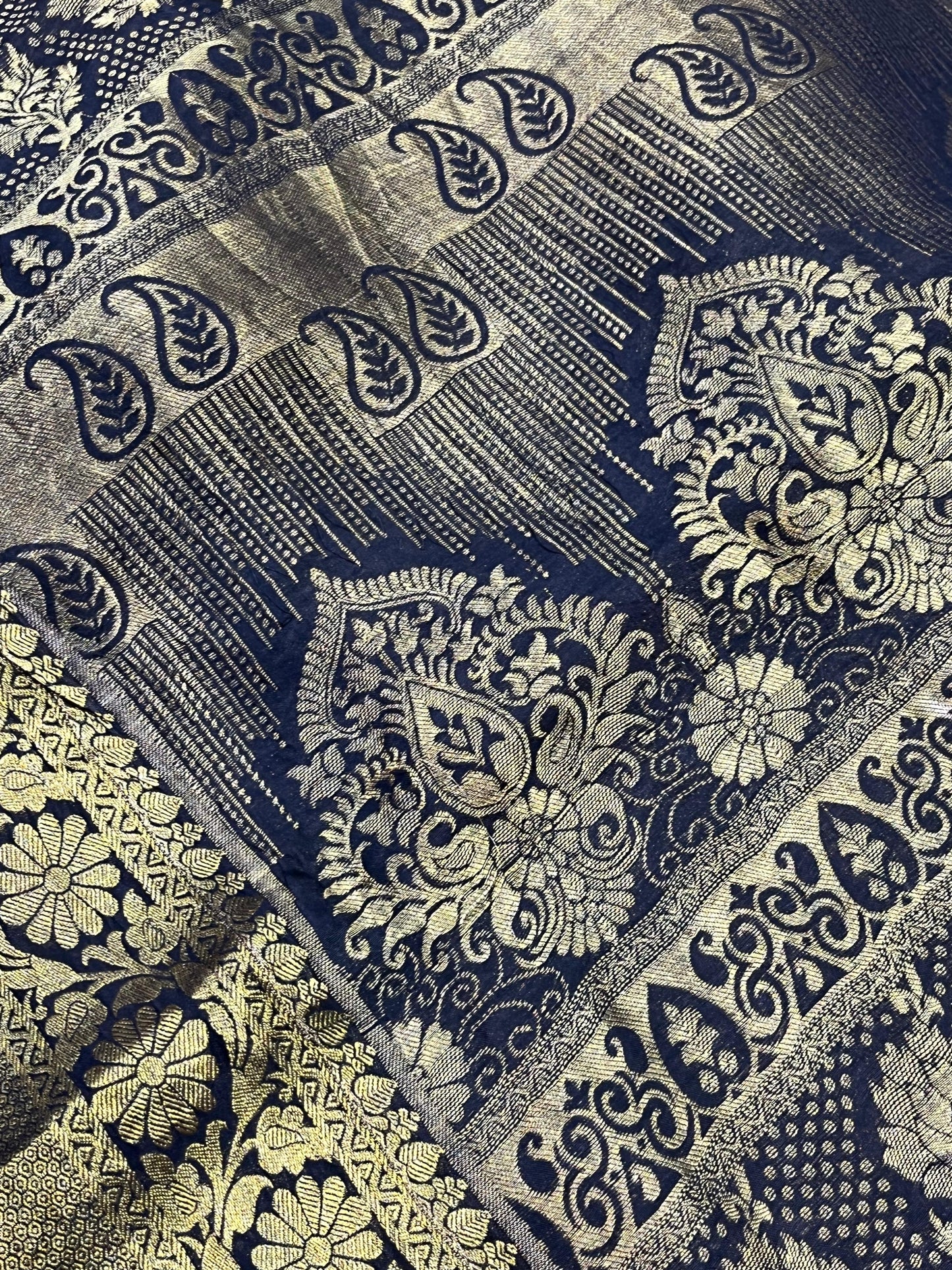 DEEP BLACK KANJIVARAM SILK PURE HANDLOOM AJRAKH HANDBLOCK PRINT NATURAL DYE