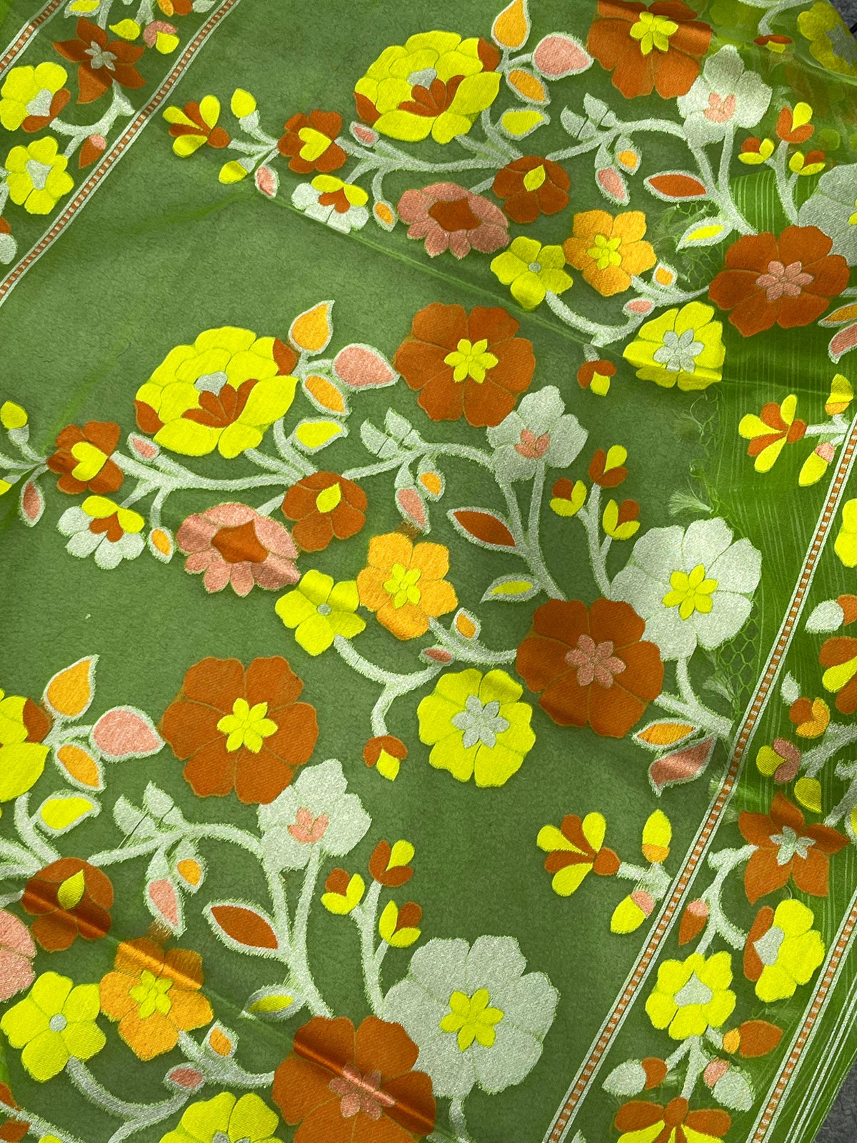 PARROT GREEN KORA PURE HANDLOOM BANARASI SAREE