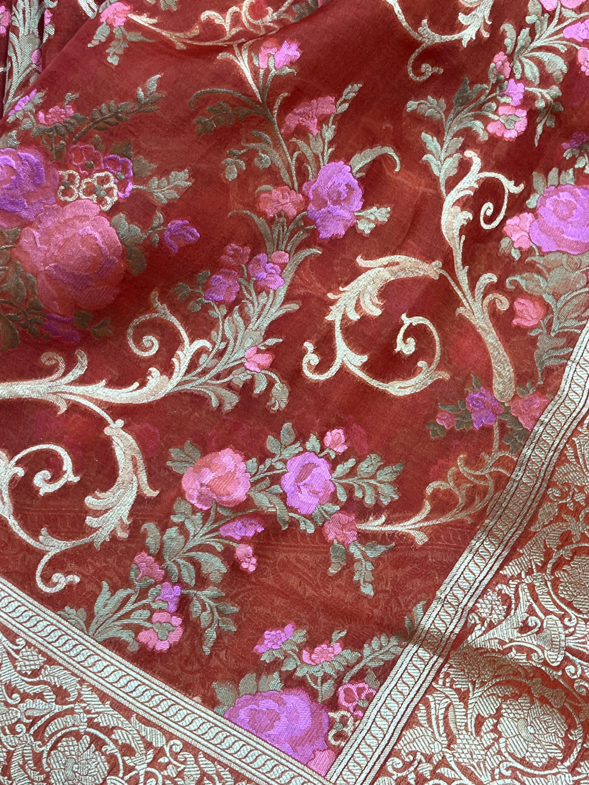 RUST RED KORA PURE HANDLOOM BANARASI SAREE