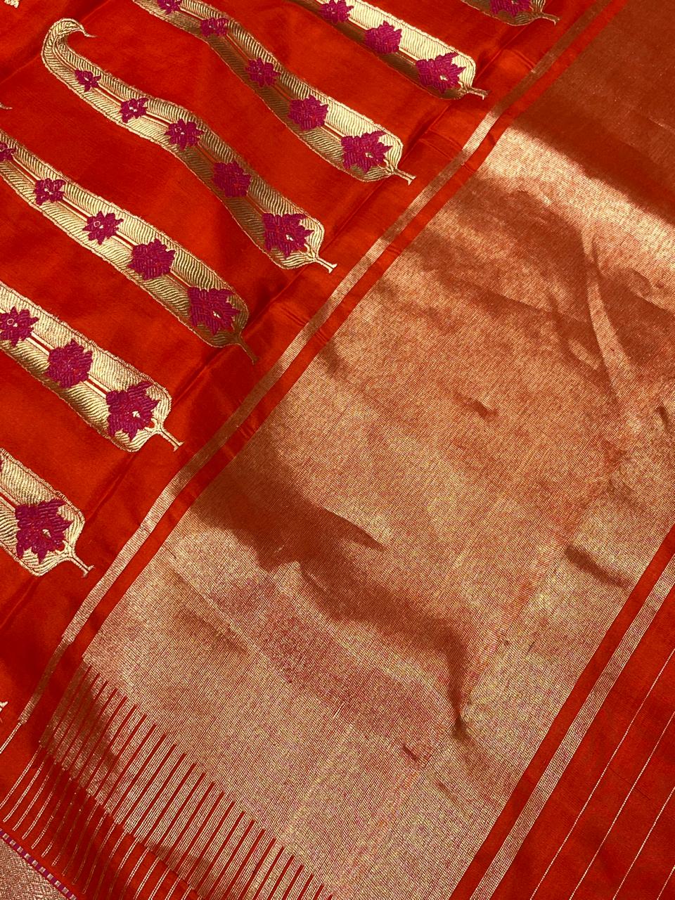 ORANGE MUSHROO SILK PURE HANDLOOM CHANDERI SAREE