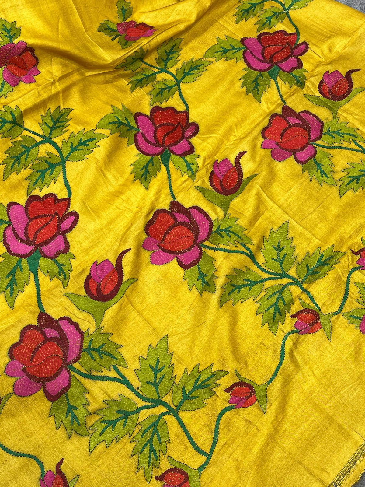 MUSTARD YELLOW TASSAR PURE HANDLOOM KANTHA EMBROIDERY SAREE