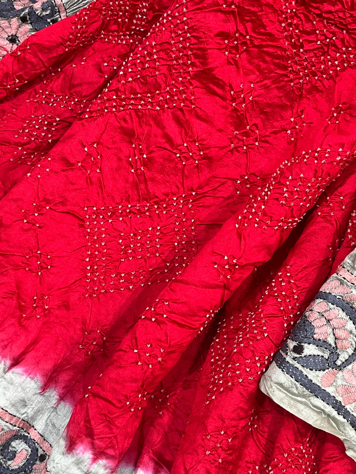 RED BANDHEJ TASSAR PURE HANDLOOM KANTHA EMBROIDERY BANDHEJ SAREE