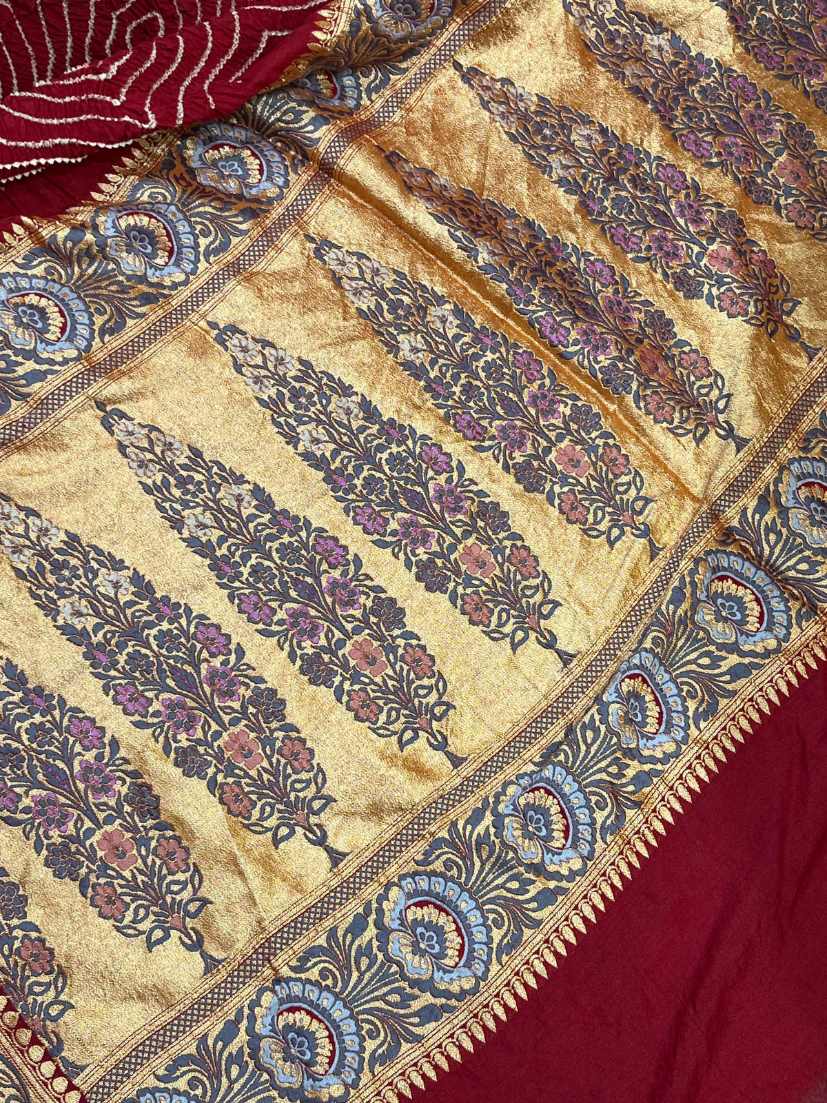 DEEP MAROON MOONGA SILK PURE HANDLOOM BANDHEJ SAREE