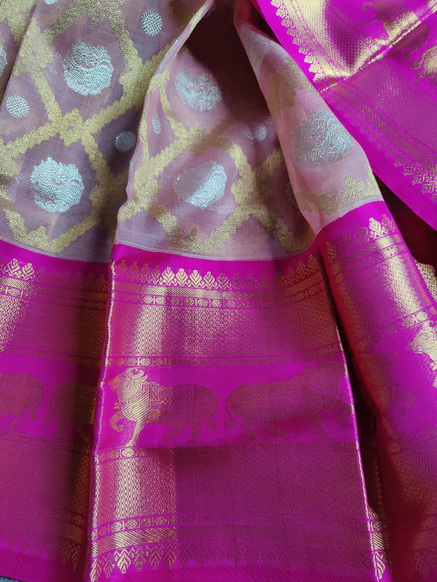 BABY PINK KORA PURE HANDLOOM REAL ZARI KANJIVARAM SAREE