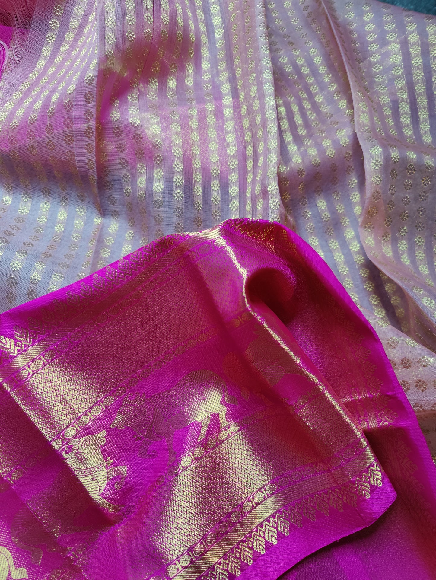 BABY PINK KORA PURE HANDLOOM REAL ZARI KANJIVARAM SAREE