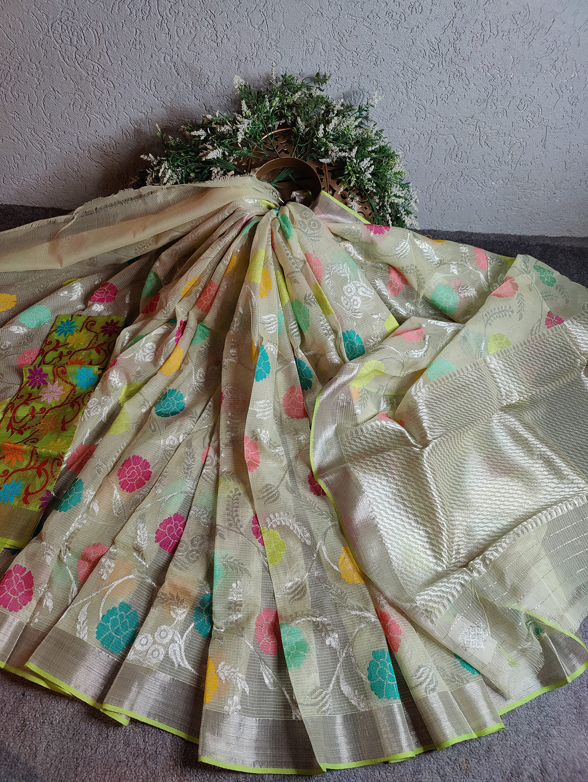 NEON GREEN PURE HANDLOOM KOTA DORIYA REAL ZARI SAREE