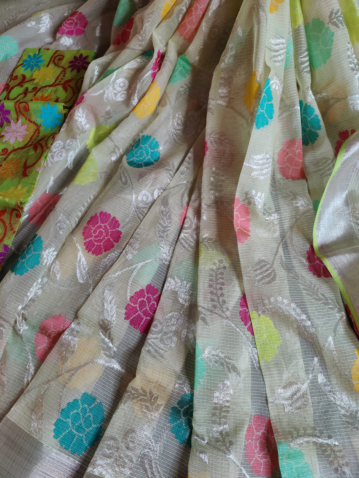 NEON GREEN PURE HANDLOOM KOTA DORIYA REAL ZARI SAREE