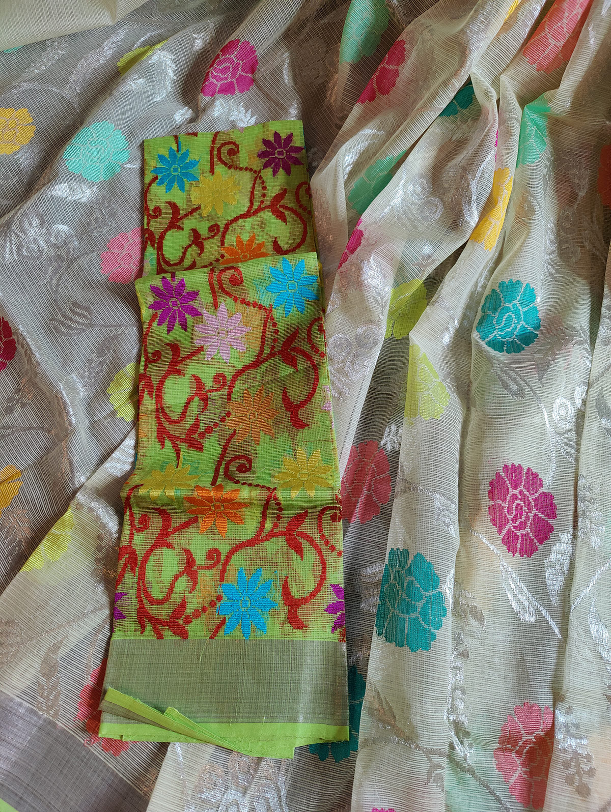 NEON GREEN PURE HANDLOOM KOTA DORIYA REAL ZARI SAREE