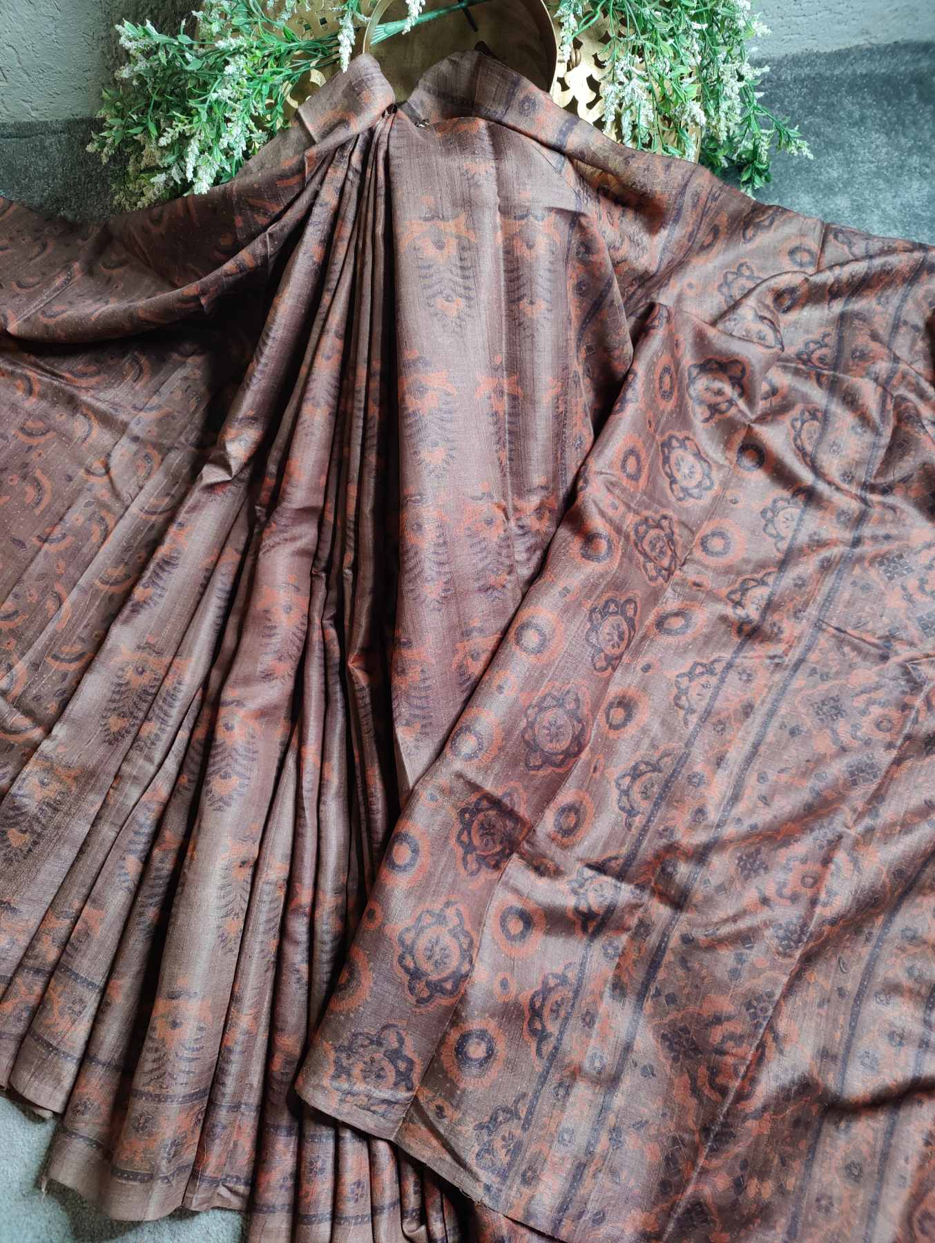 DARK CARAMEL TUSSAR SILK PURE HANDLOOM ORGANIC DYE HANDBLOCK PRINT SAREE
