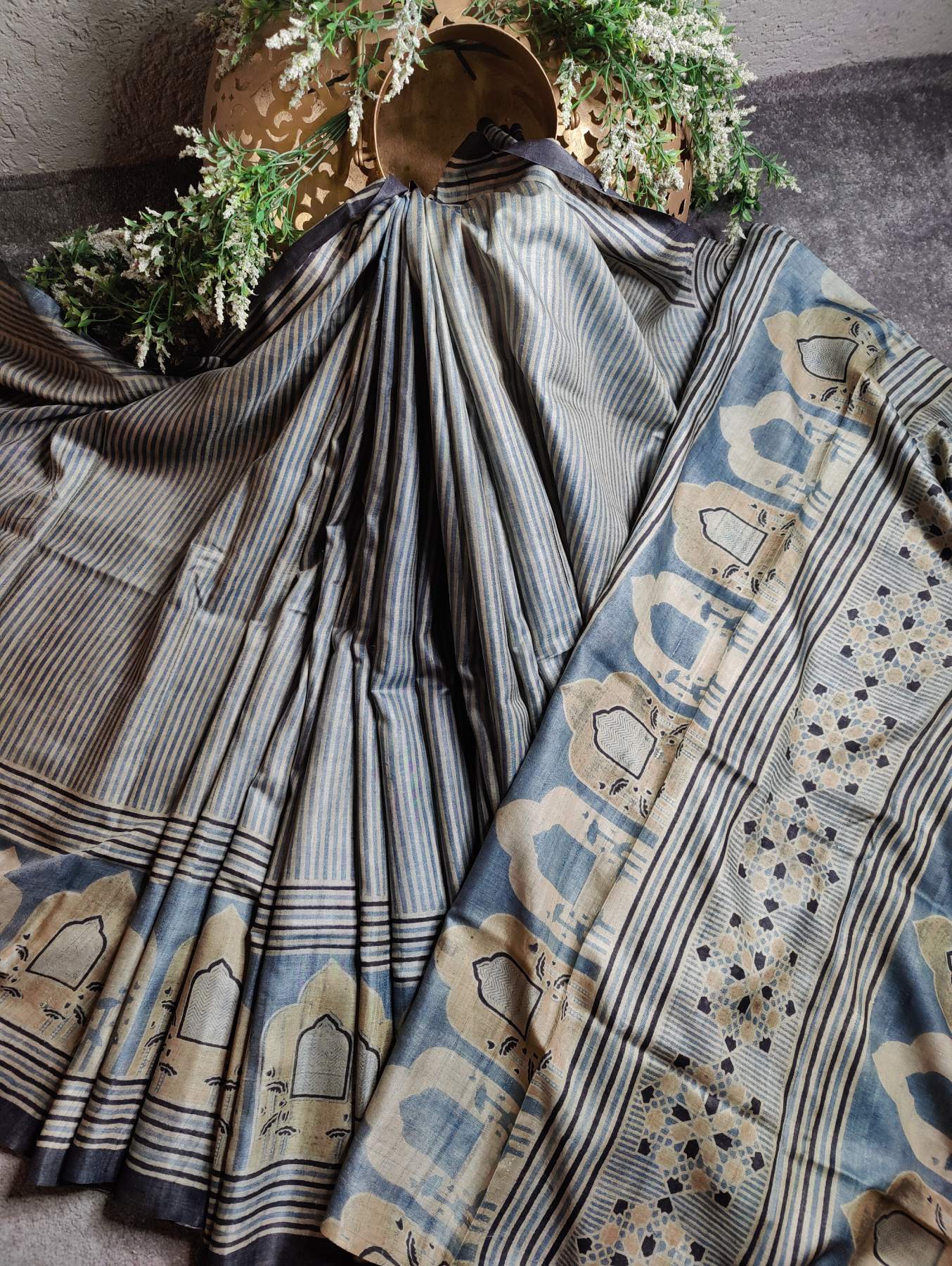 LIGHT BLUE TUSSAR SILK PURE HANDLOOM ORGANIC DYE HANDBLOCK PRINT SAREE