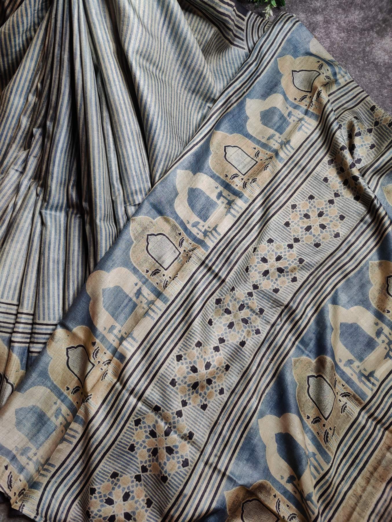 LIGHT BLUE TUSSAR SILK PURE HANDLOOM ORGANIC DYE HANDBLOCK PRINT SAREE