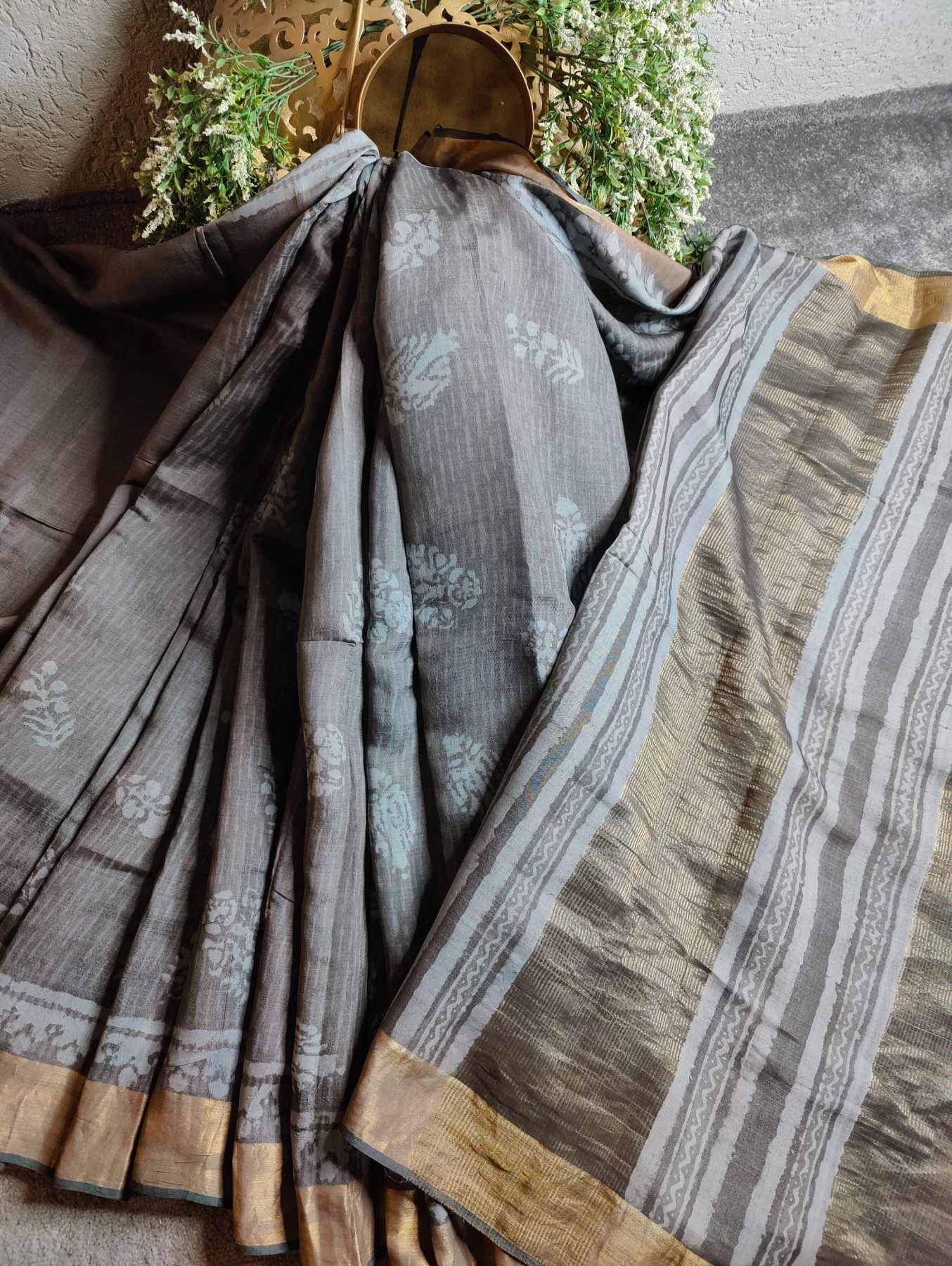 SLATE GREY TUSSAR SILK PURE HANDLOOM ORGANIC DYE HANDBLOCK PRINT SAREE