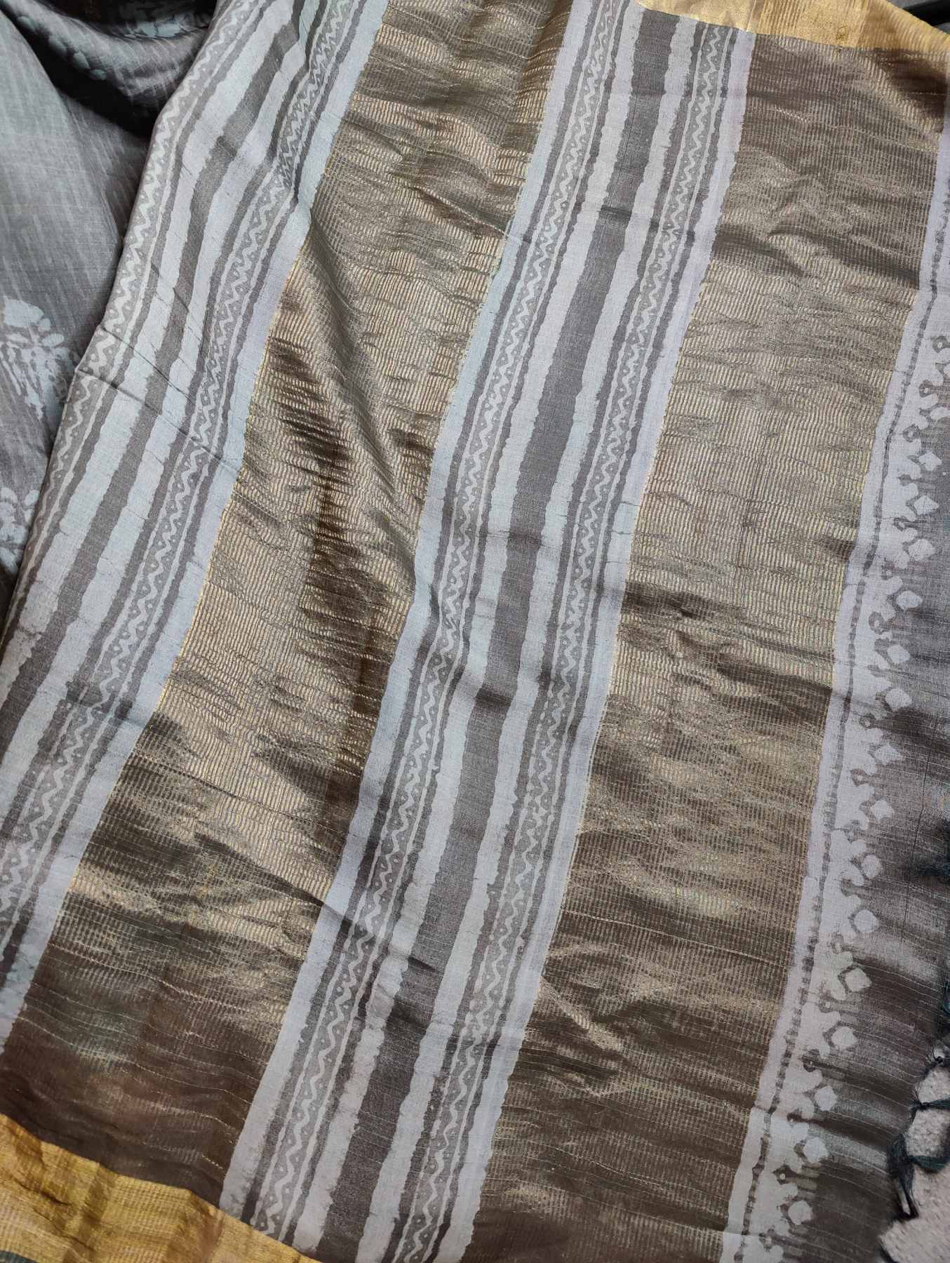 SLATE GREY TUSSAR SILK PURE HANDLOOM ORGANIC DYE HANDBLOCK PRINT SAREE