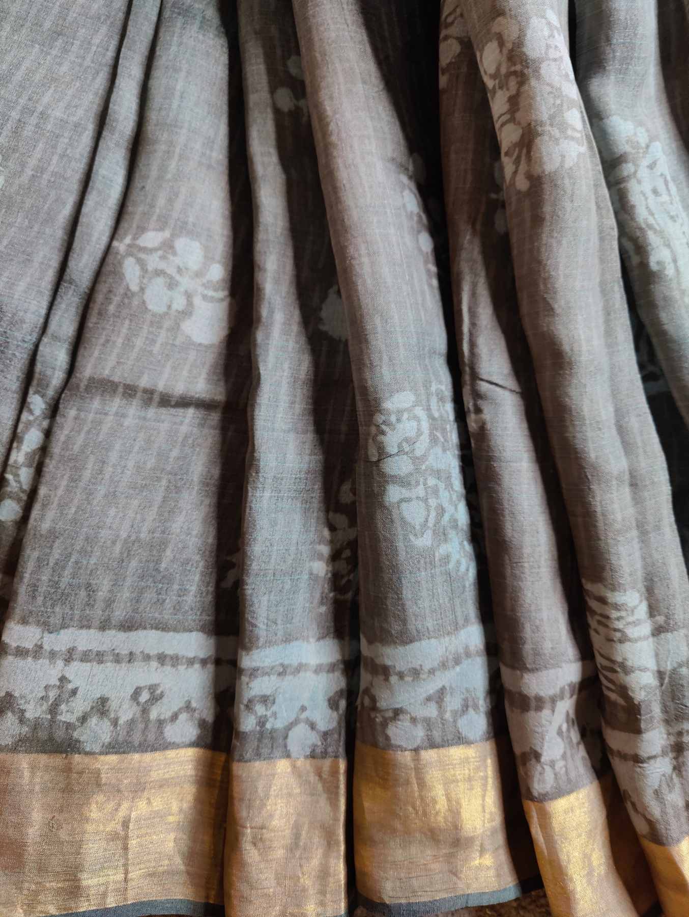 SLATE GREY TUSSAR SILK PURE HANDLOOM ORGANIC DYE HANDBLOCK PRINT SAREE