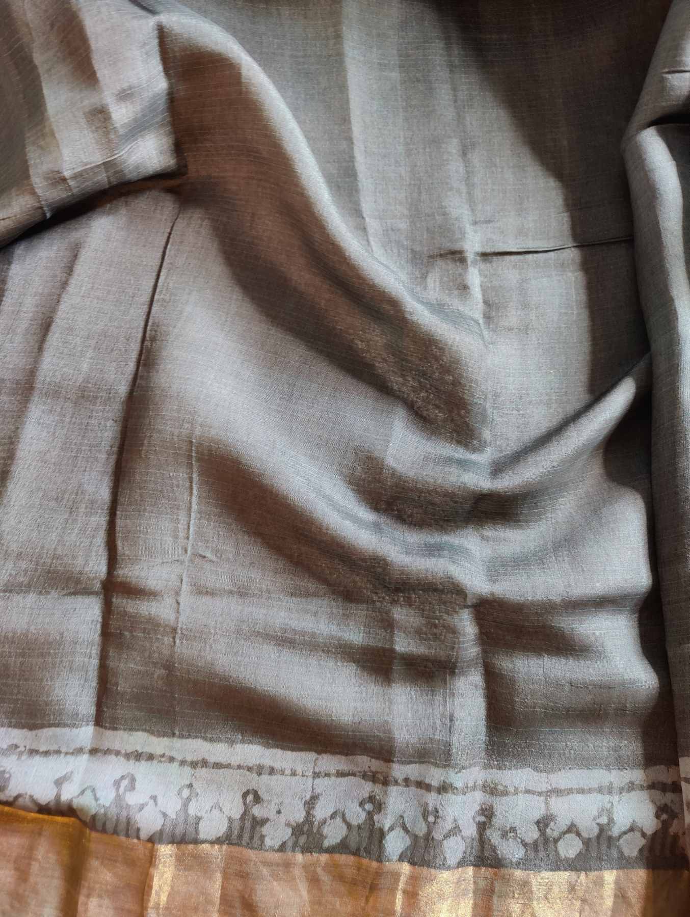 SLATE GREY TUSSAR SILK PURE HANDLOOM ORGANIC DYE HANDBLOCK PRINT SAREE