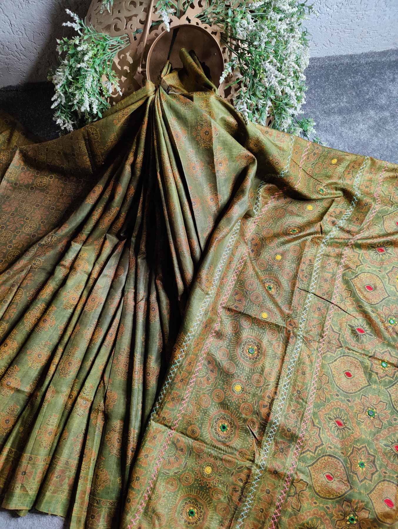 MEHNDI GREEN TUSSAR SILK PURE HANDLOOM ORGANIC DYE HANDBLOCK PRINT SAREE