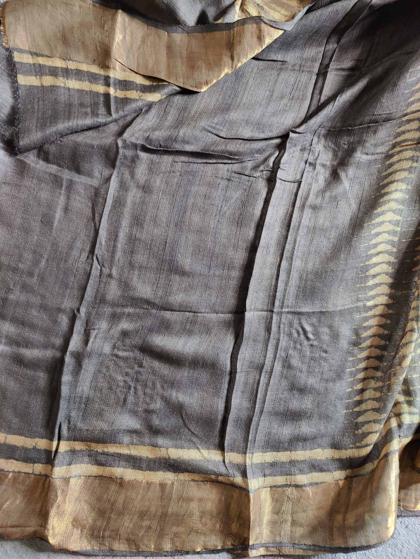 CHARCOAL GREY TUSSAR SILK PURE HANDLOOM ORGANIC DYE HANDBLOCK PRINT SAREE