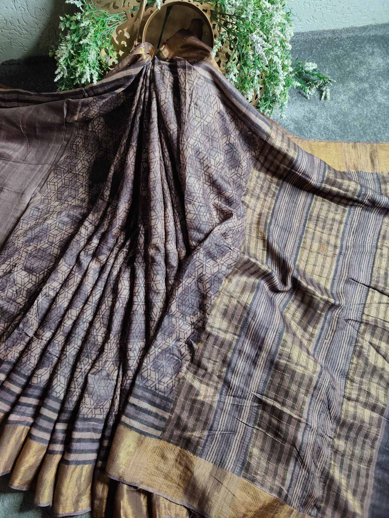 EARTHY TONE TUSSAR SILK PURE HANDLOOM ORGANIC DYE HANDBLOCK PRINT SAREE