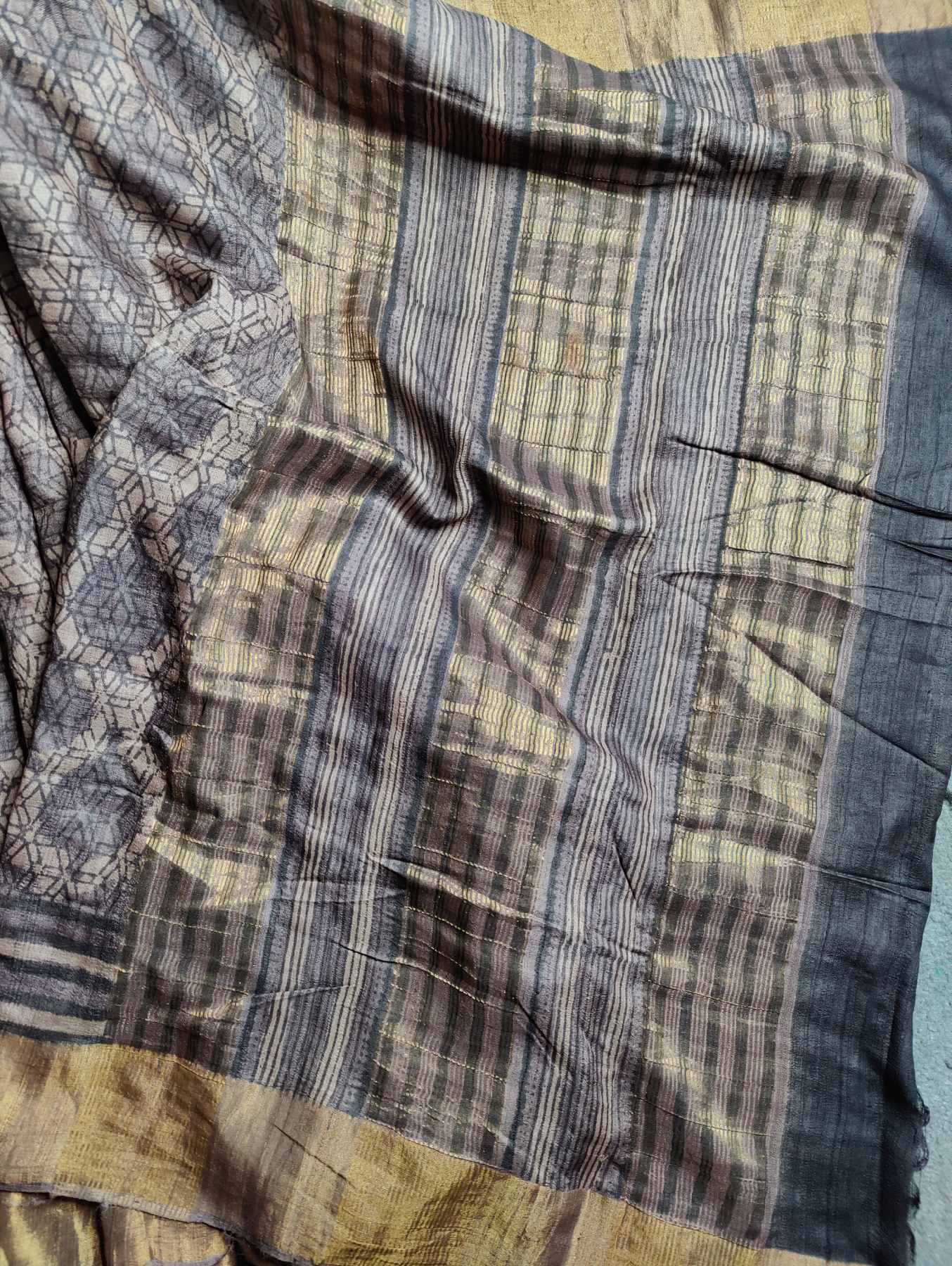 EARTHY TONE TUSSAR SILK PURE HANDLOOM ORGANIC DYE HANDBLOCK PRINT SAREE
