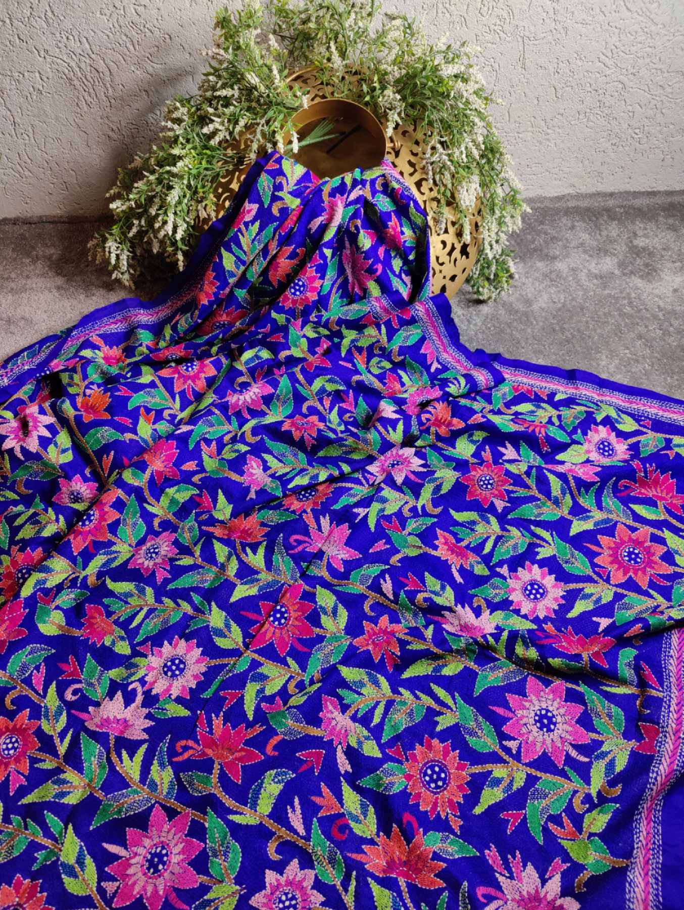 ROYAL BLUE TUSSAR PURE HANDLOOM KANTHA DUPATTA
