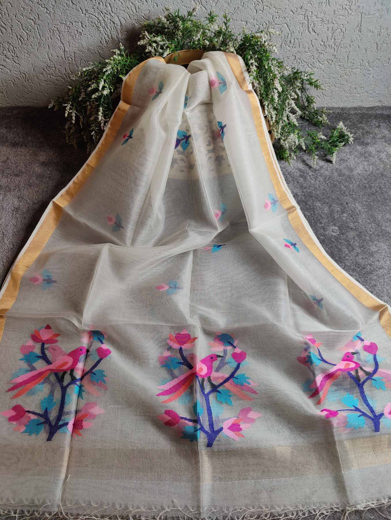 PEARL WHITE PURE HANDLOOM MUSLIN JAMDANI DUPATTA