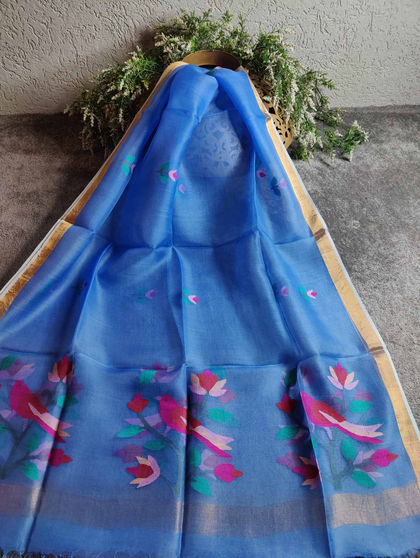 BLUE PURE HANDLOOM MUSLIN JAMDANI DUPATTA