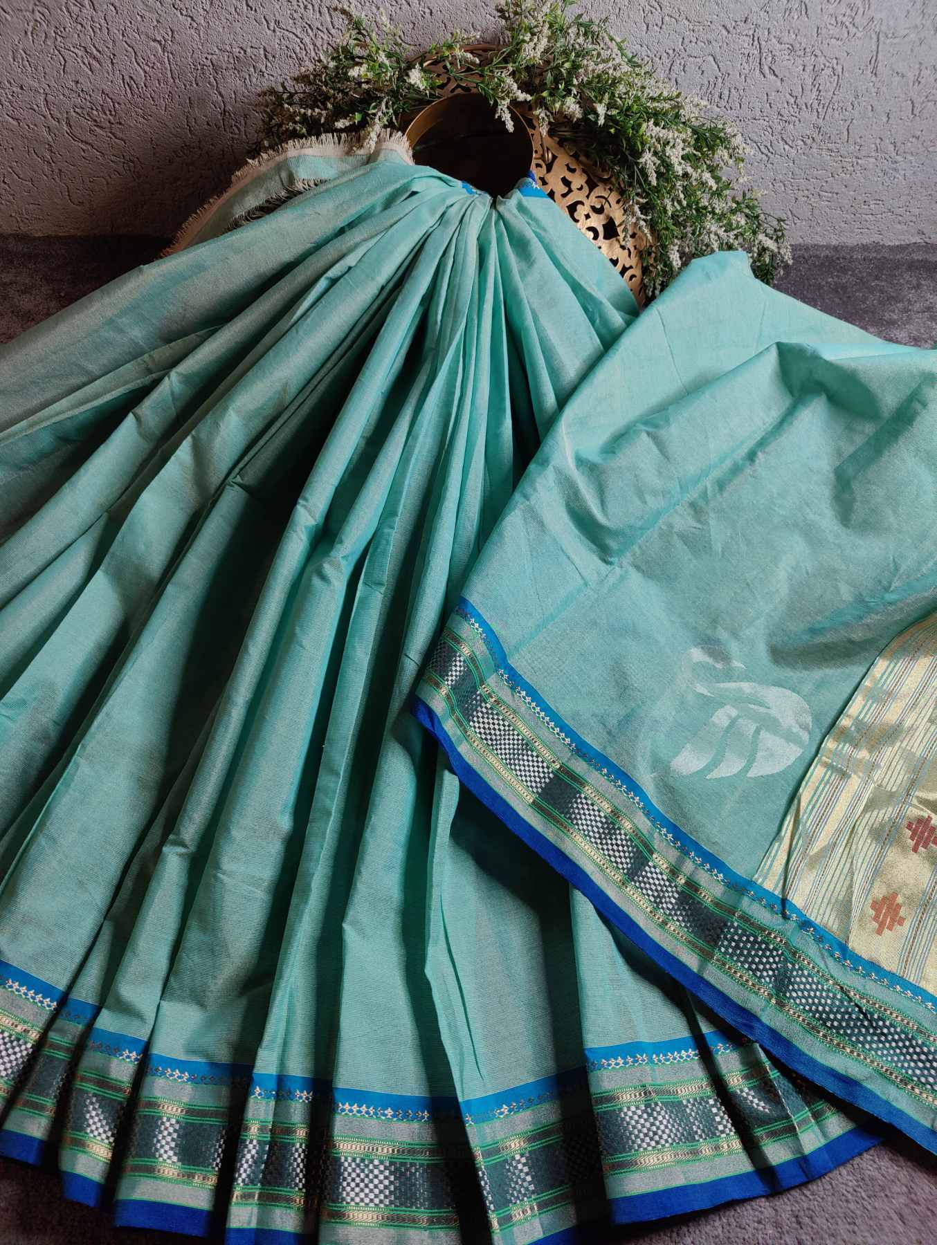 AQUA BLUE COTTON TISSUE PURE HANDLOOM PAITHANI SAREE