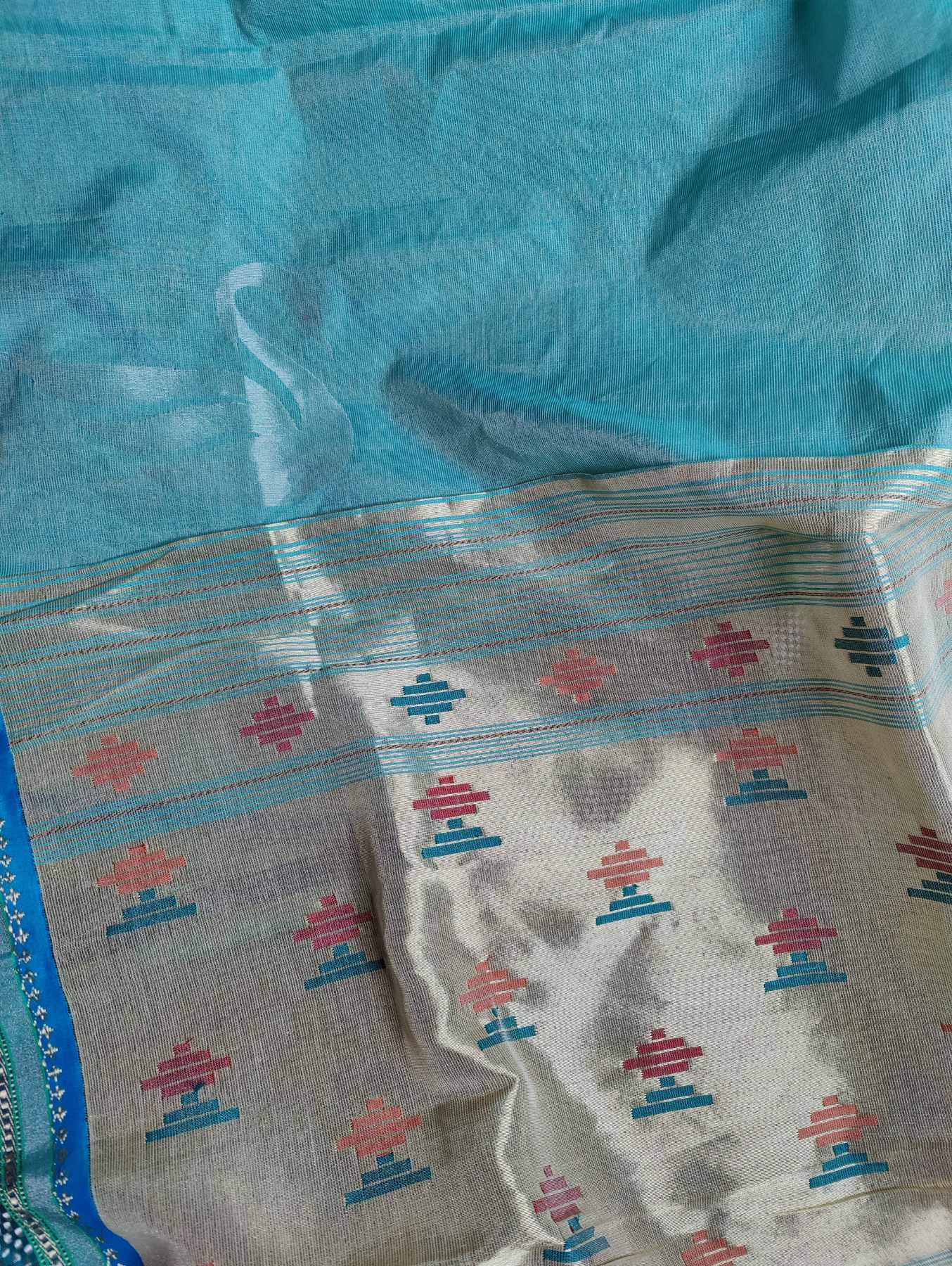 AQUA BLUE COTTON TISSUE PURE HANDLOOM PAITHANI SAREE