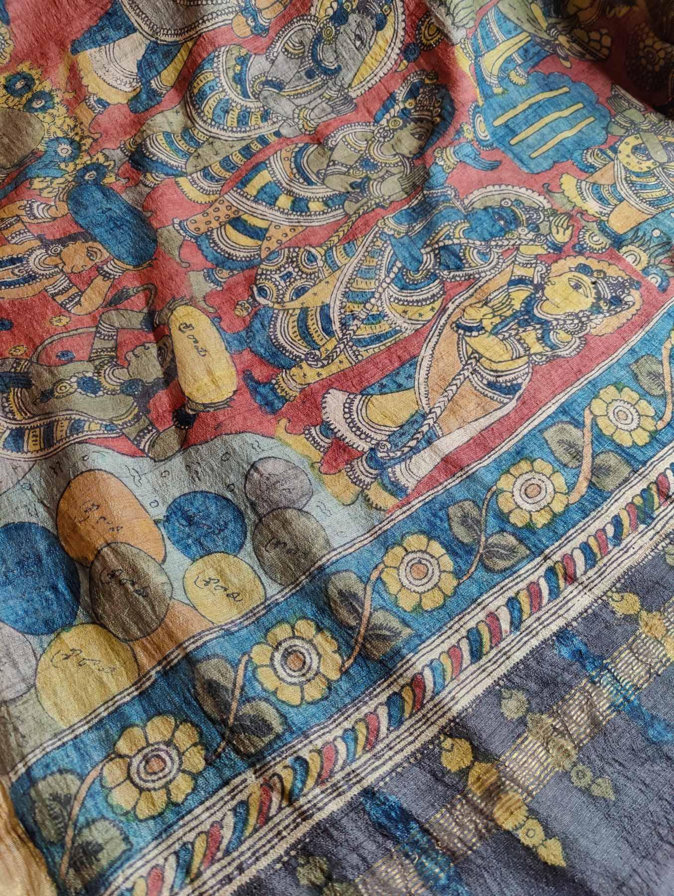 RED TUSSAR PURE HANDLOOM KALAMKARI DUPATTA