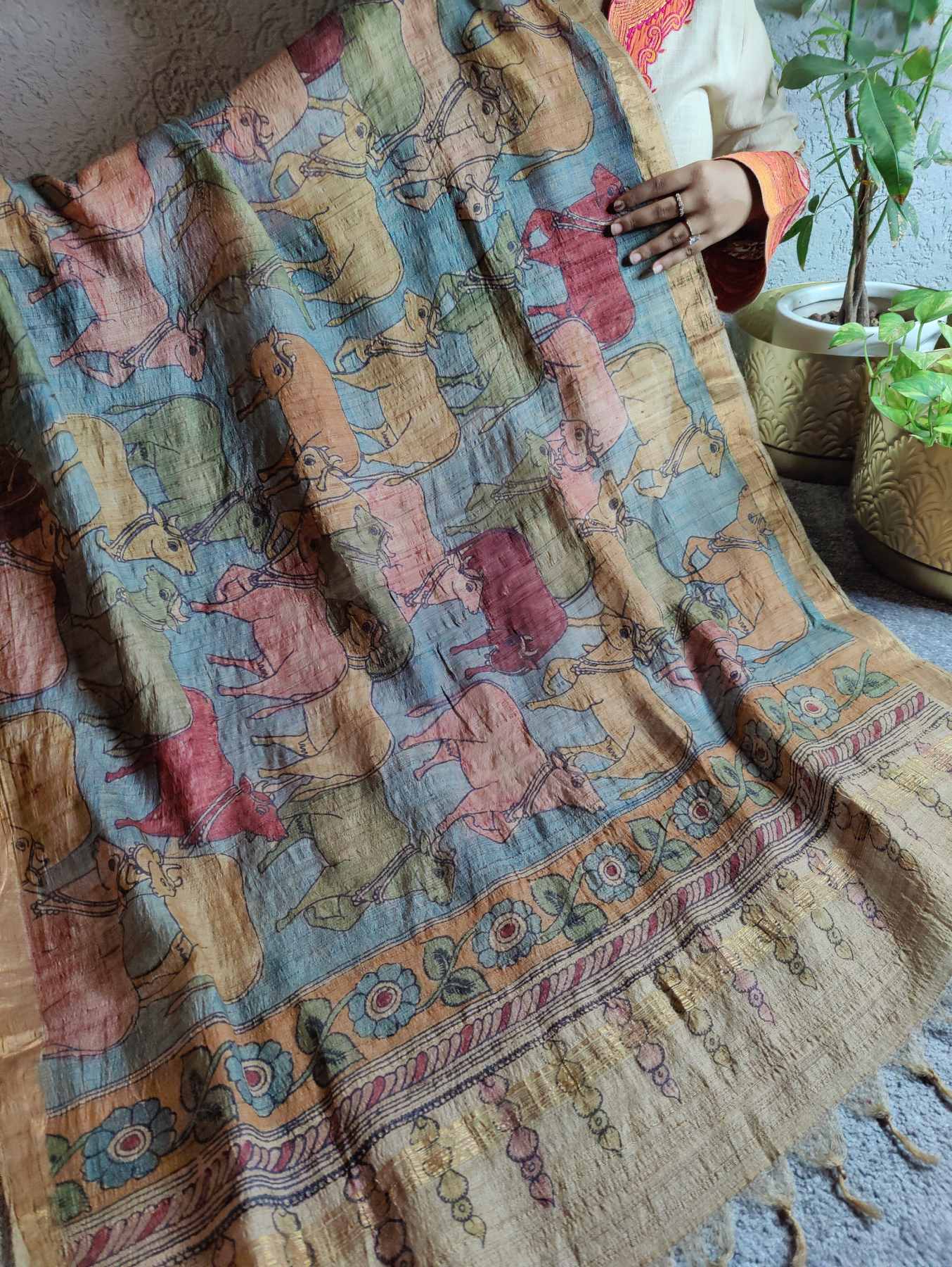 BLUE TUSSAR PURE HANDLOOM KALAMKARI DUPATTA