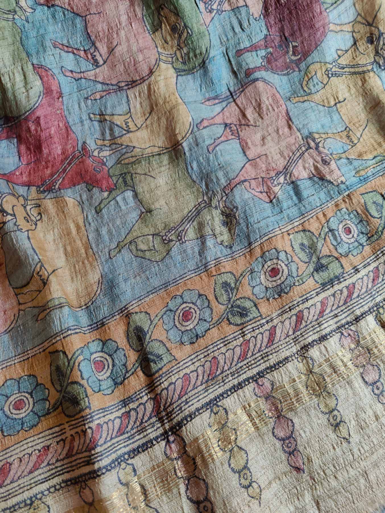 BLUE TUSSAR PURE HANDLOOM KALAMKARI DUPATTA