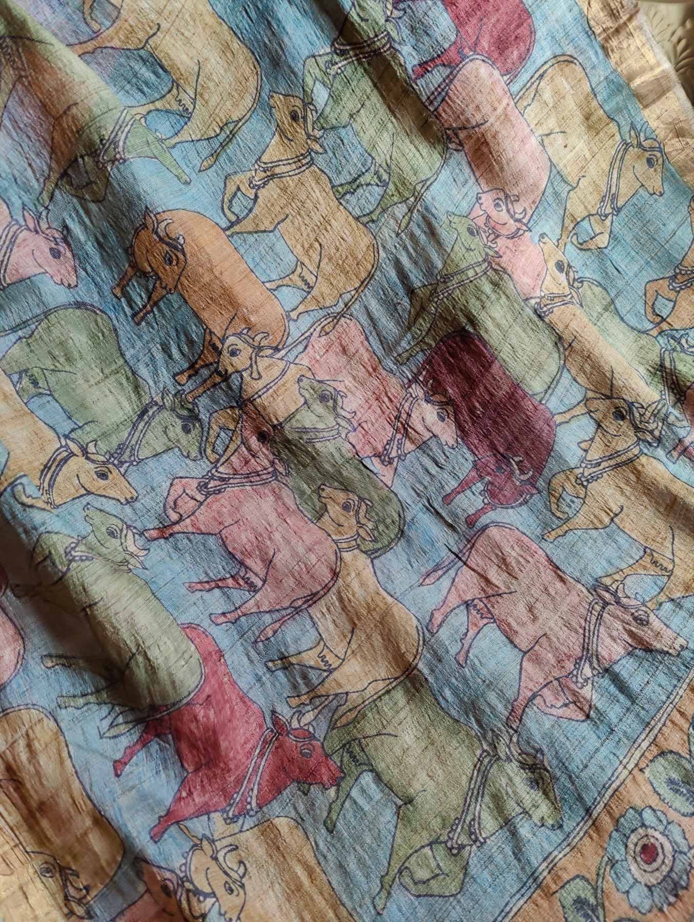 BLUE TUSSAR PURE HANDLOOM KALAMKARI DUPATTA