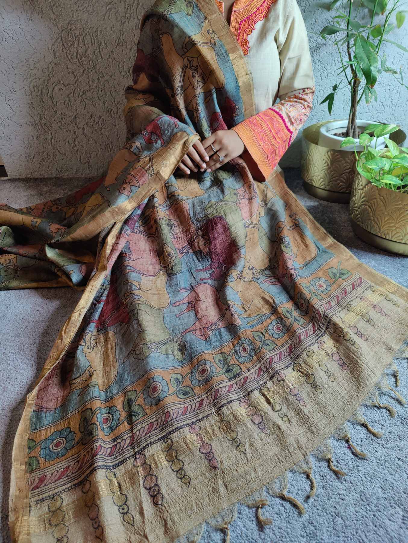 BLUE TUSSAR PURE HANDLOOM KALAMKARI DUPATTA