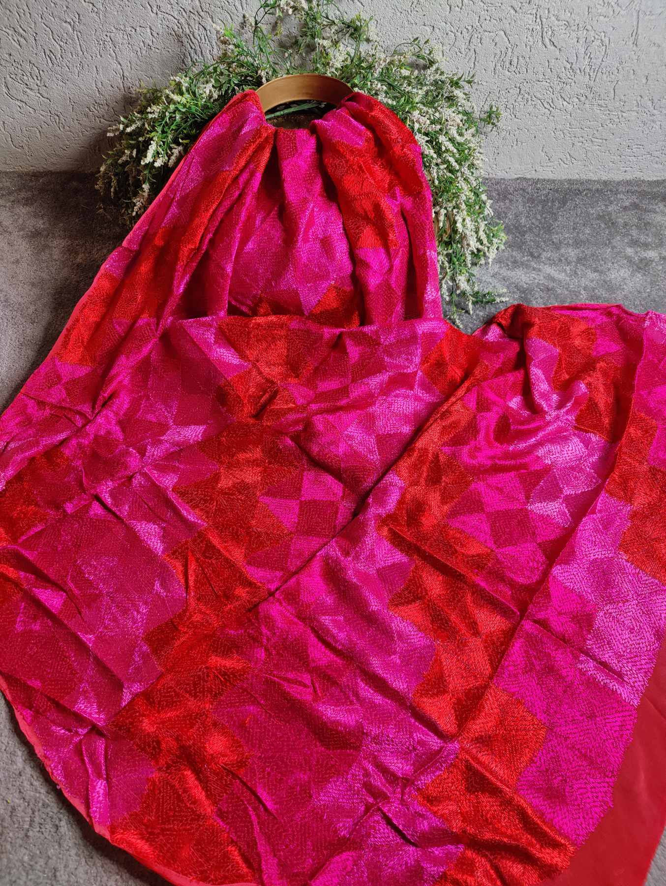 RED PINK SILK PURE HANDLOOM PHULKARI DUPATTA