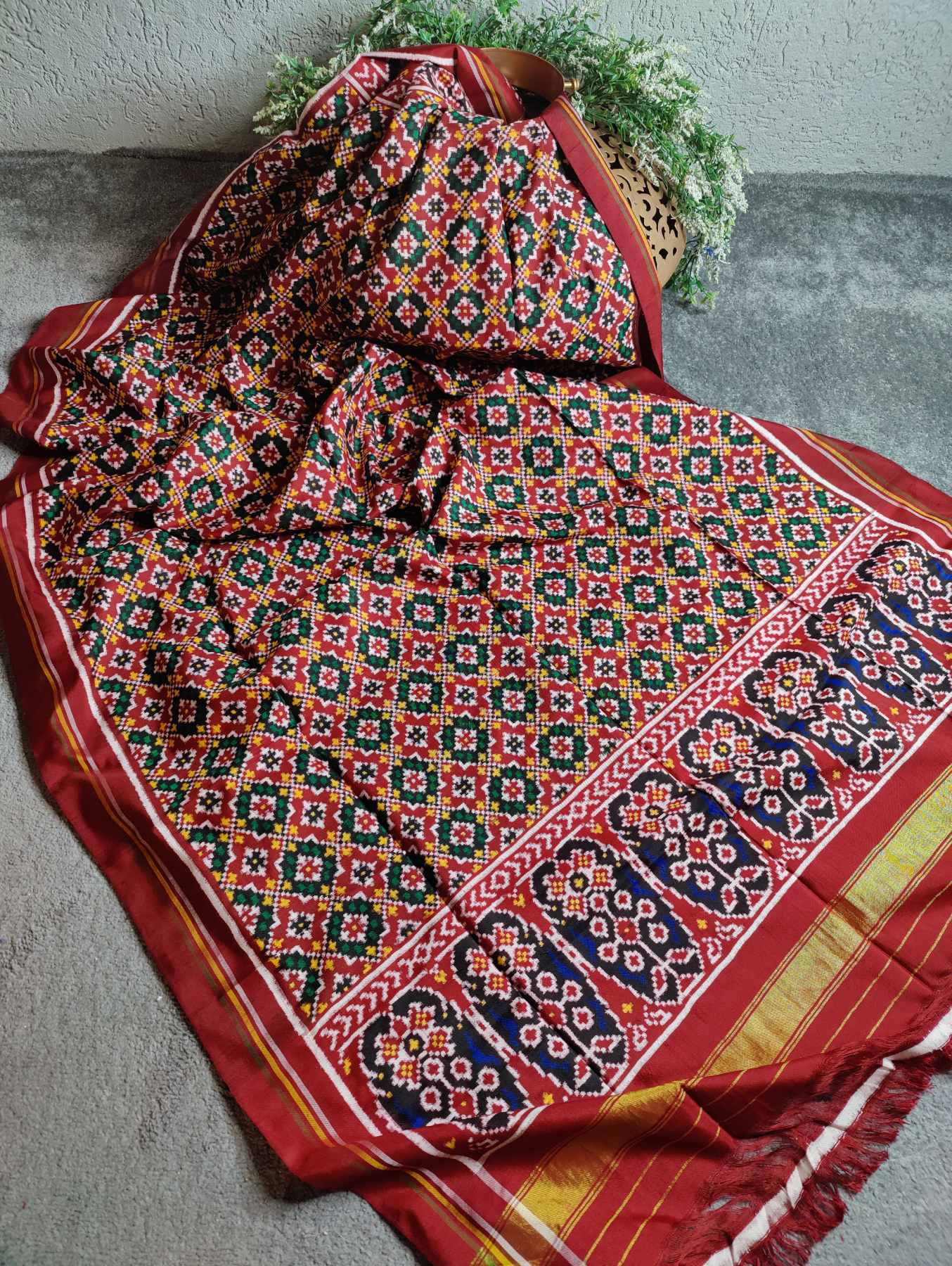 RED SILK PURE HANDLOOM PATAN PATOLA DOUBLE IKKAT DUPATTA