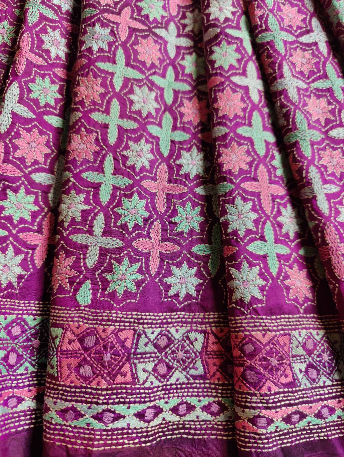 PURPLE SILK PURE HANDLOOM KANTHA SAREE