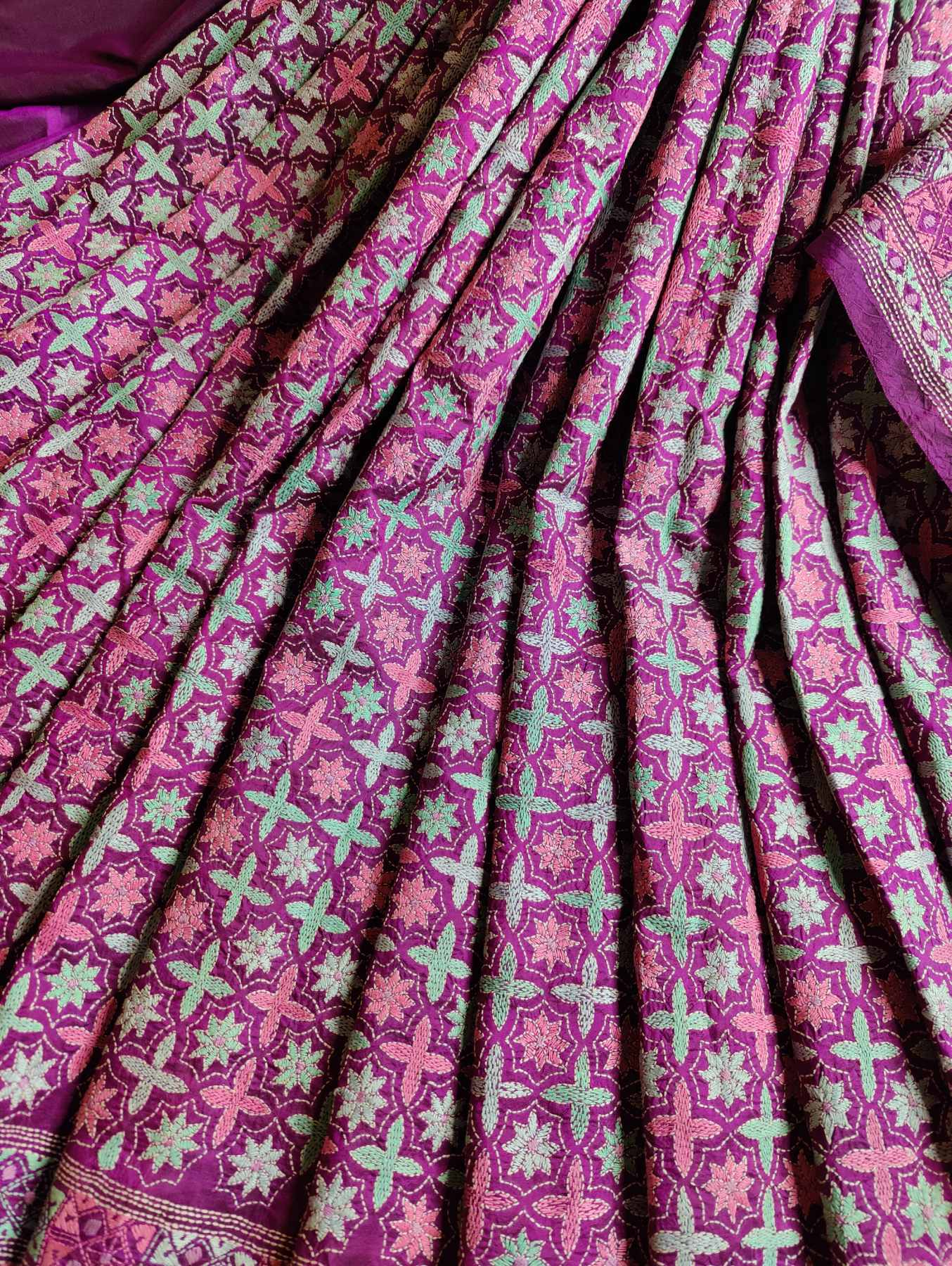 PURPLE SILK PURE HANDLOOM KANTHA SAREE