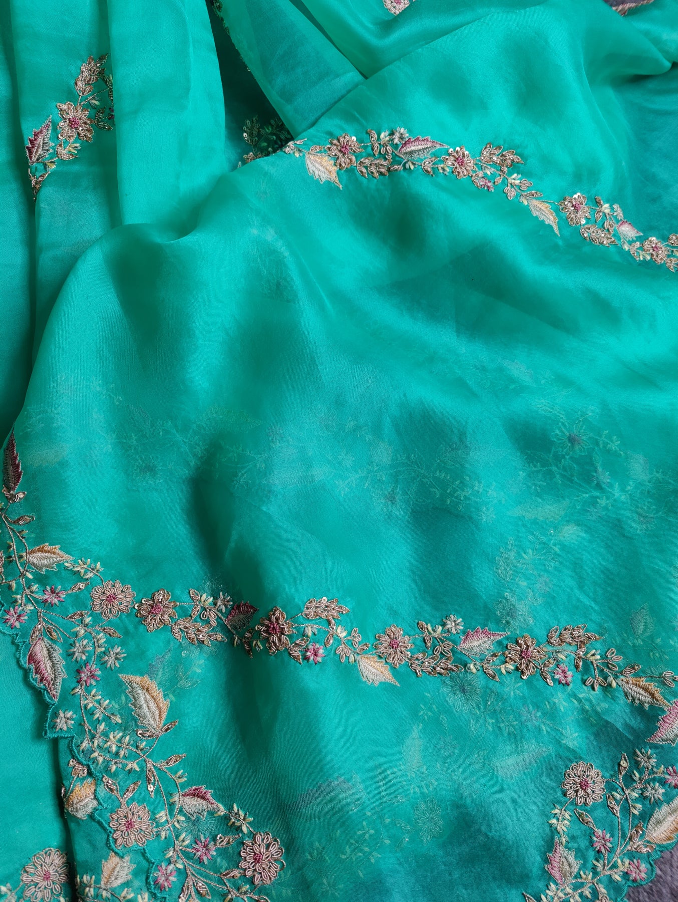 SEA GREEN ORGANZA PURE HANDLOOM EMBROIDERY SAREE