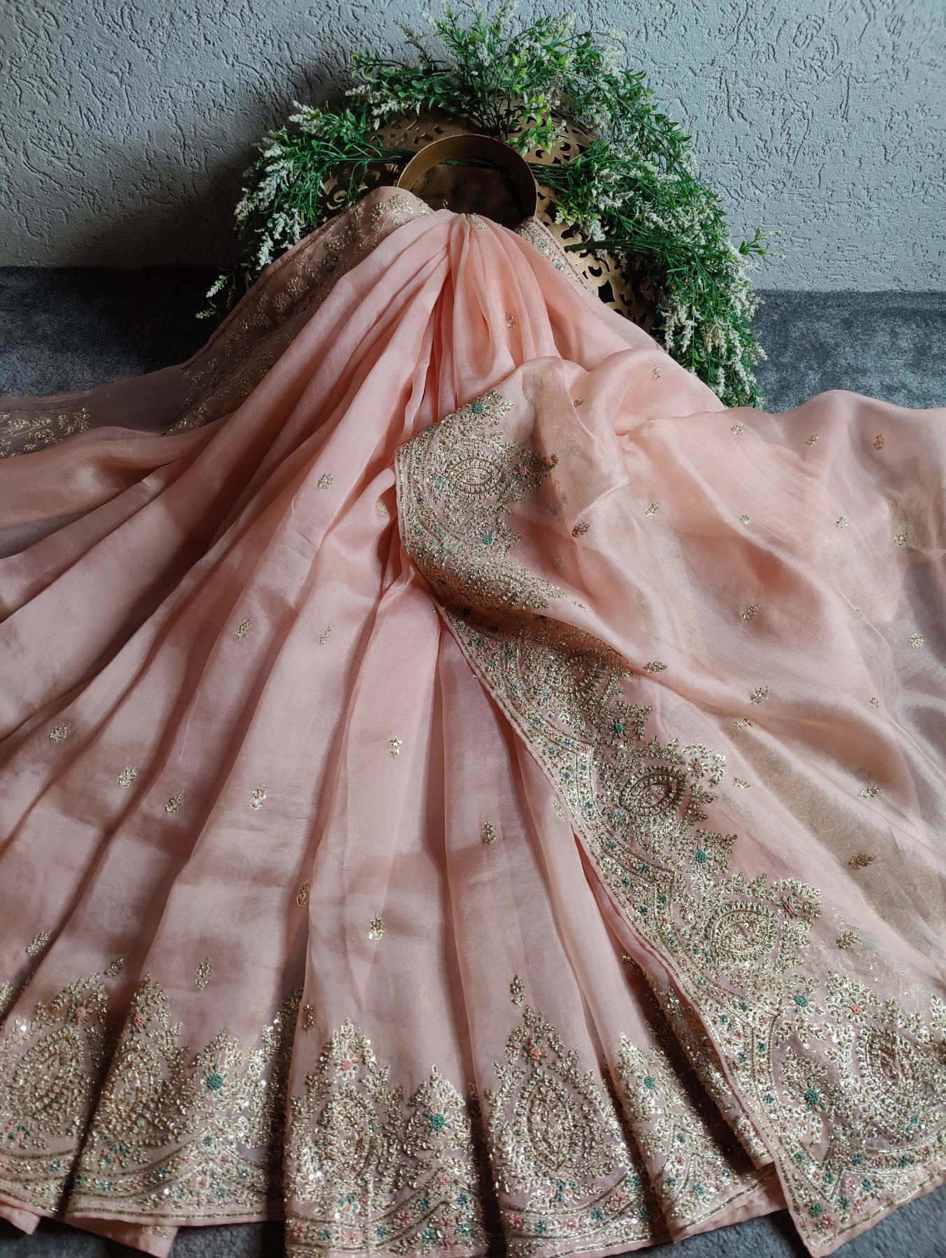 PEACH ORGANZA PURE HANDLOOM EMBROIDERY SAREE