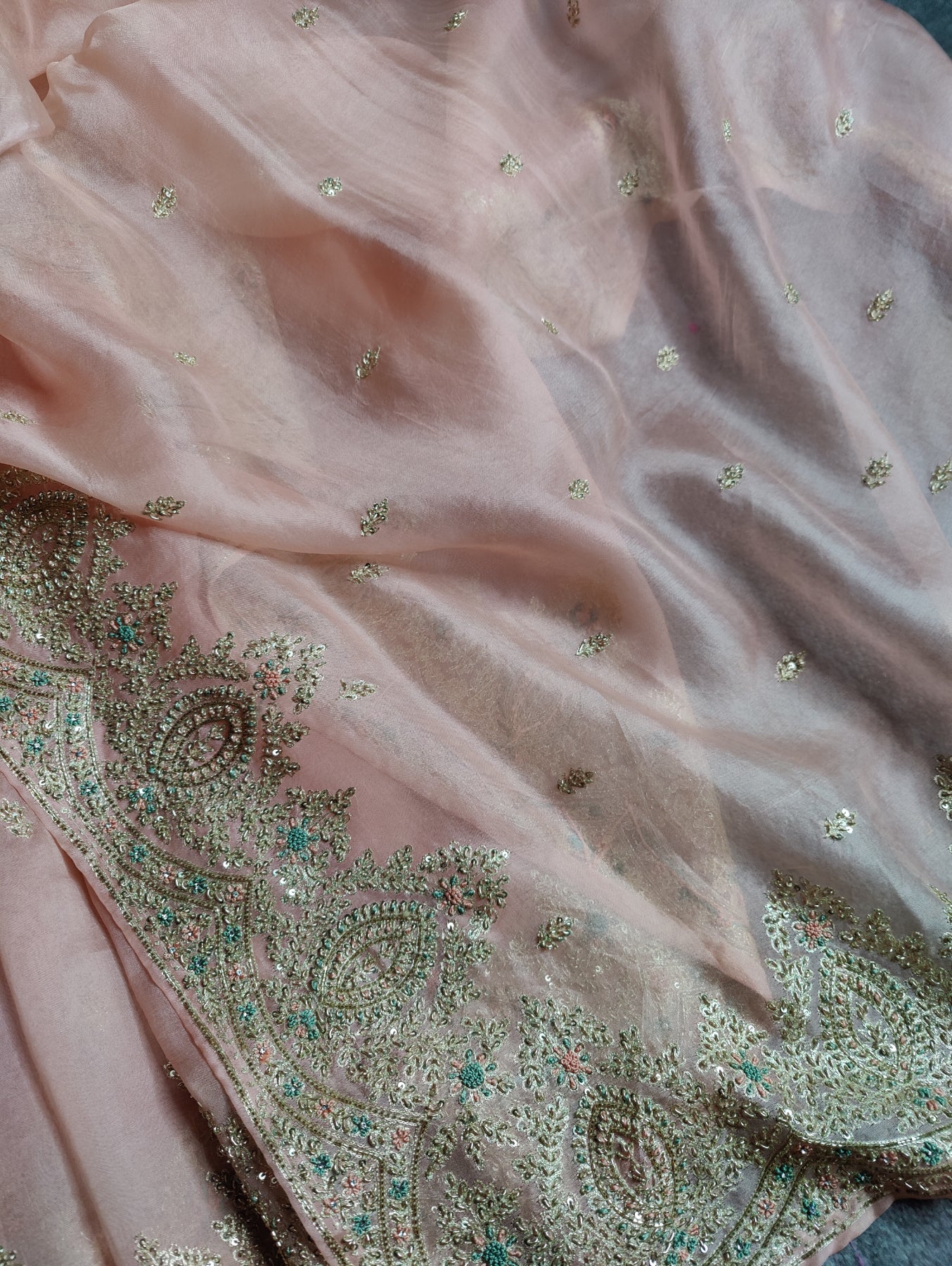 PEACH ORGANZA PURE HANDLOOM EMBROIDERY SAREE