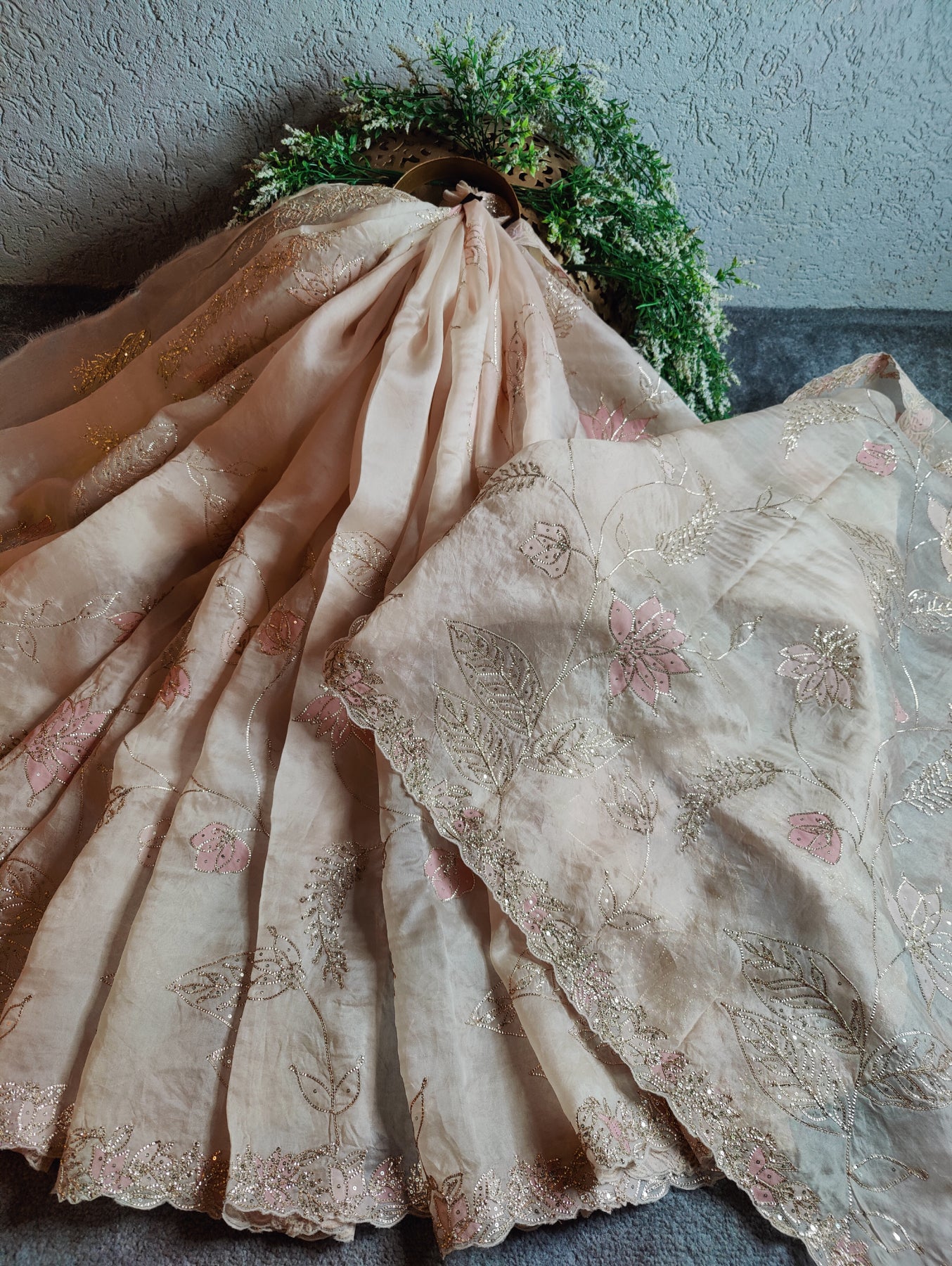 LIGHT PEACH ORGANZA PURE HANDLOOM EMBROIDERY SAREE