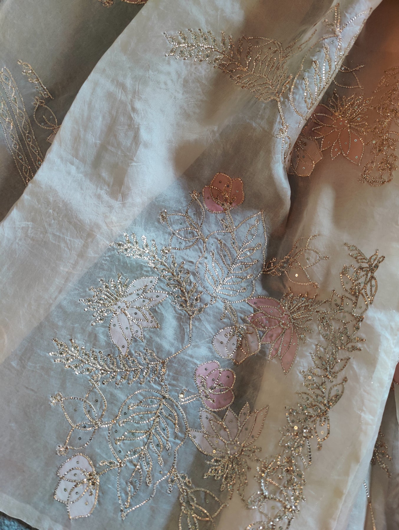 LIGHT PEACH ORGANZA PURE HANDLOOM EMBROIDERY SAREE