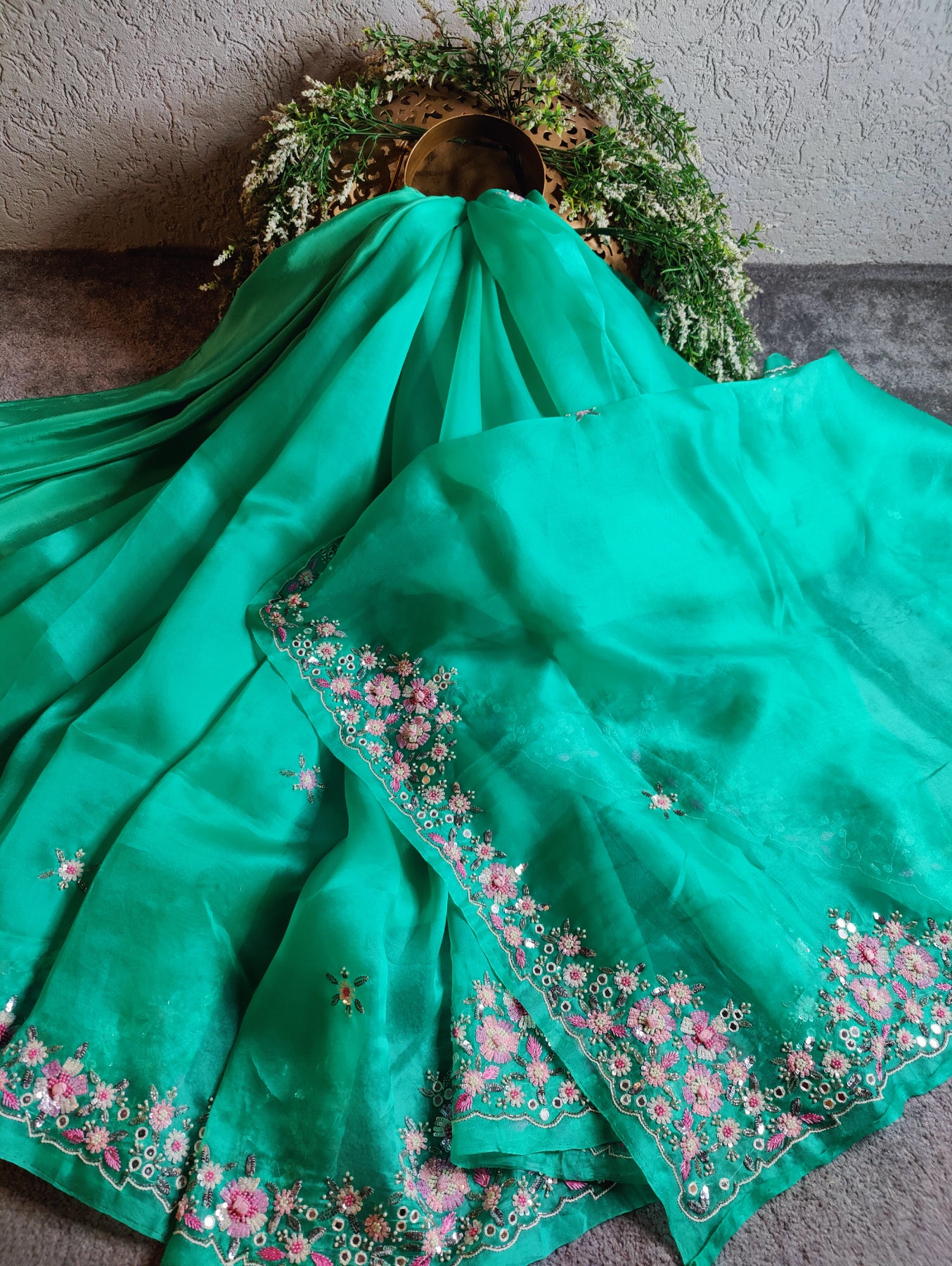 SEA GREEN ORGANZA PURE HANDLOOM EMBROIDERY SAREE