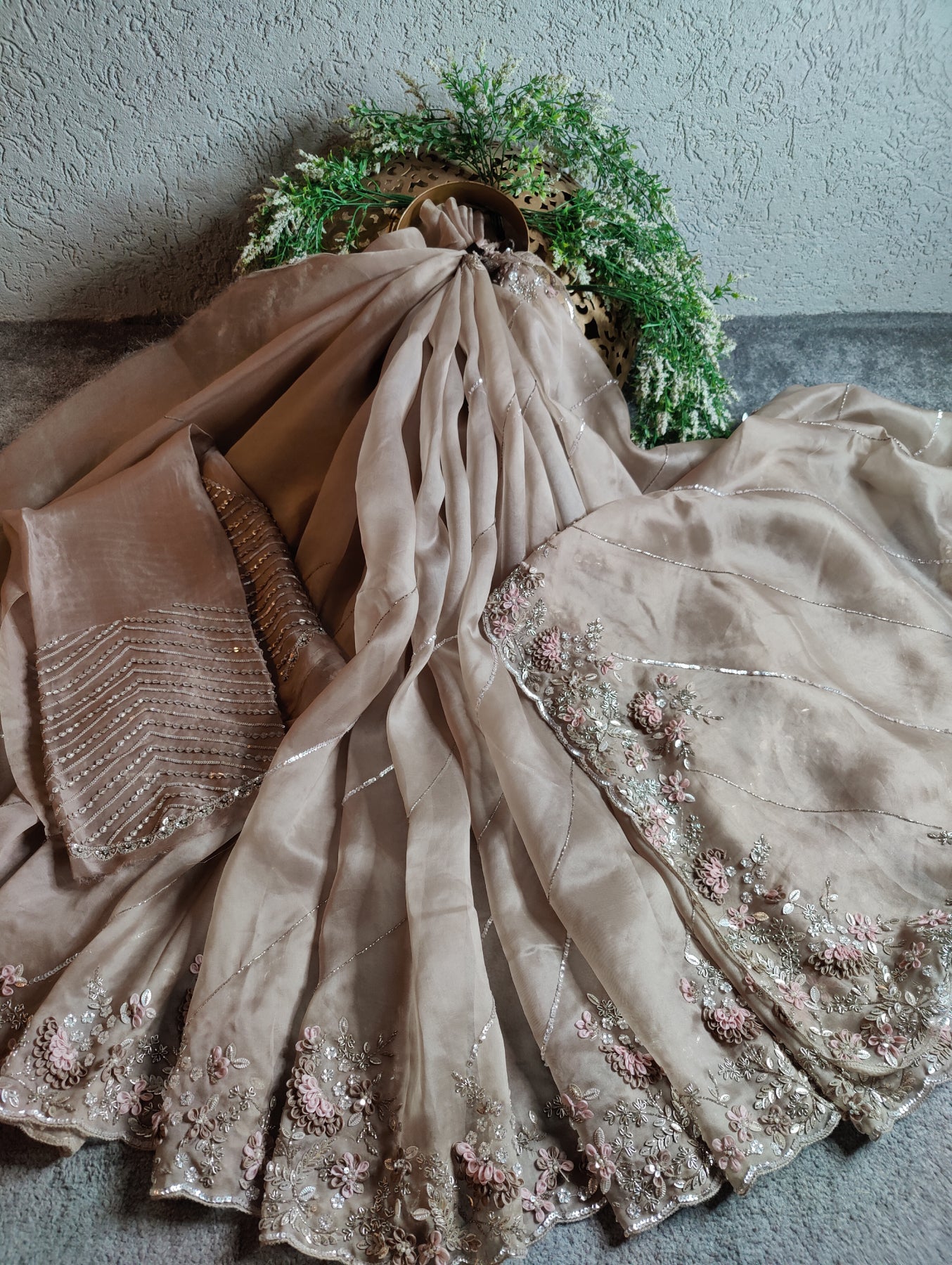 CHIKOO ORGANZA PURE HANDLOOM EMBROIDERY SAREE