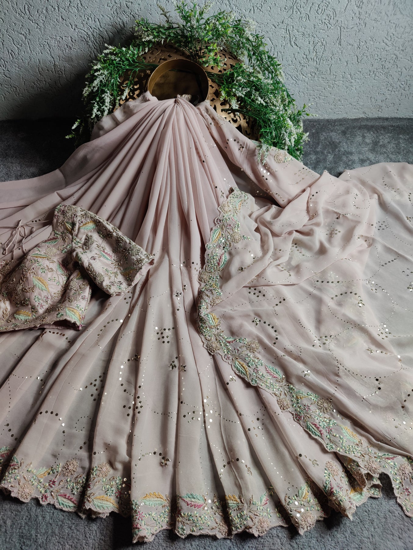 POWDER PINK GEORGETTE PURE HANDLOOM EMBROIDERY SAREE