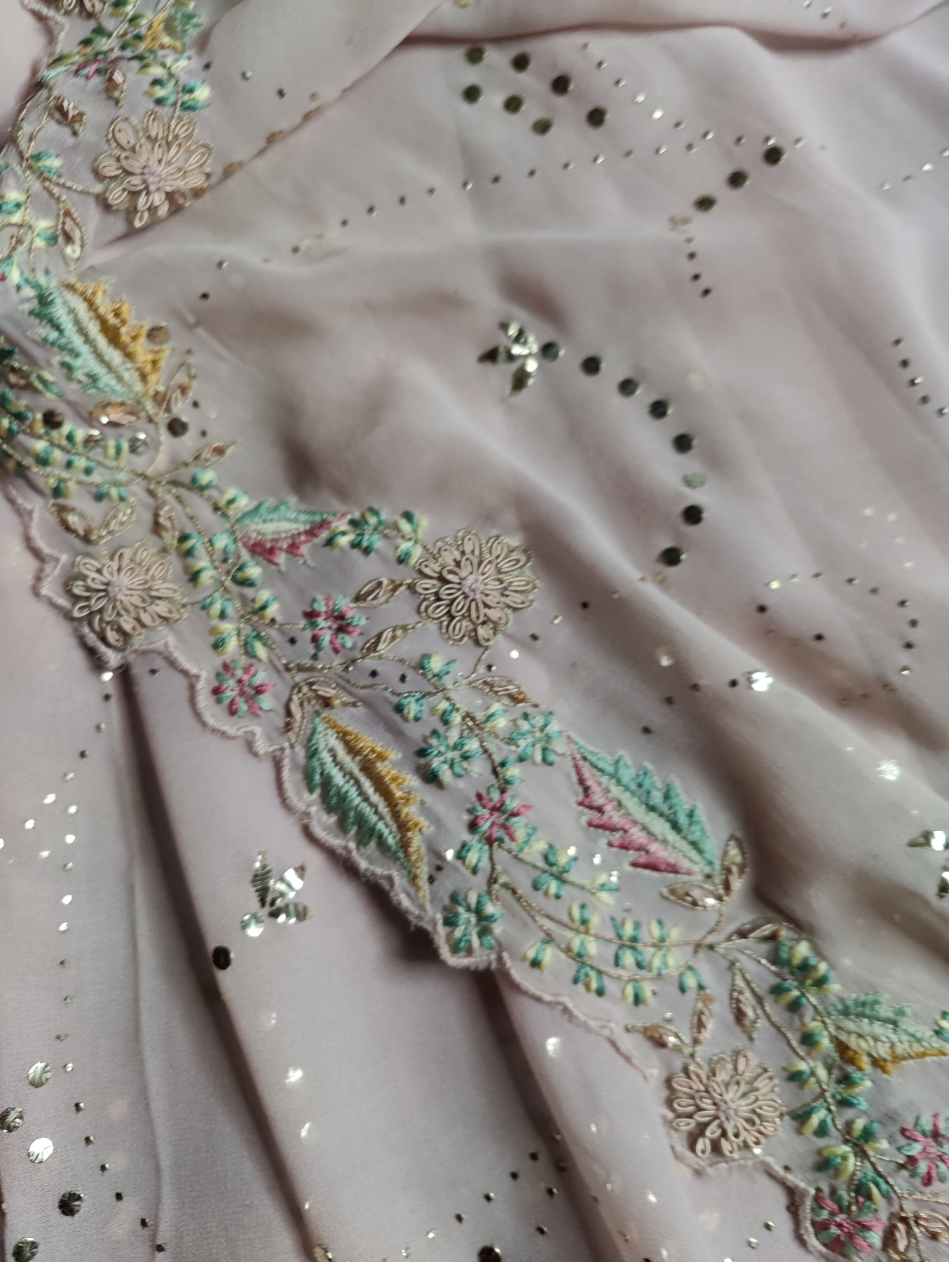POWDER PINK GEORGETTE PURE HANDLOOM EMBROIDERY SAREE