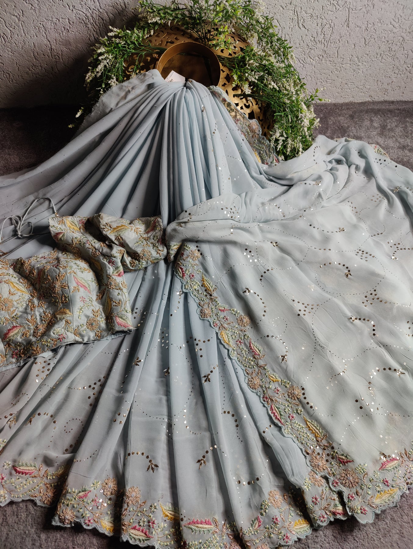 POWDER BLUE GEORGETTE PURE HANDLOOM EMBROIDERY SAREE