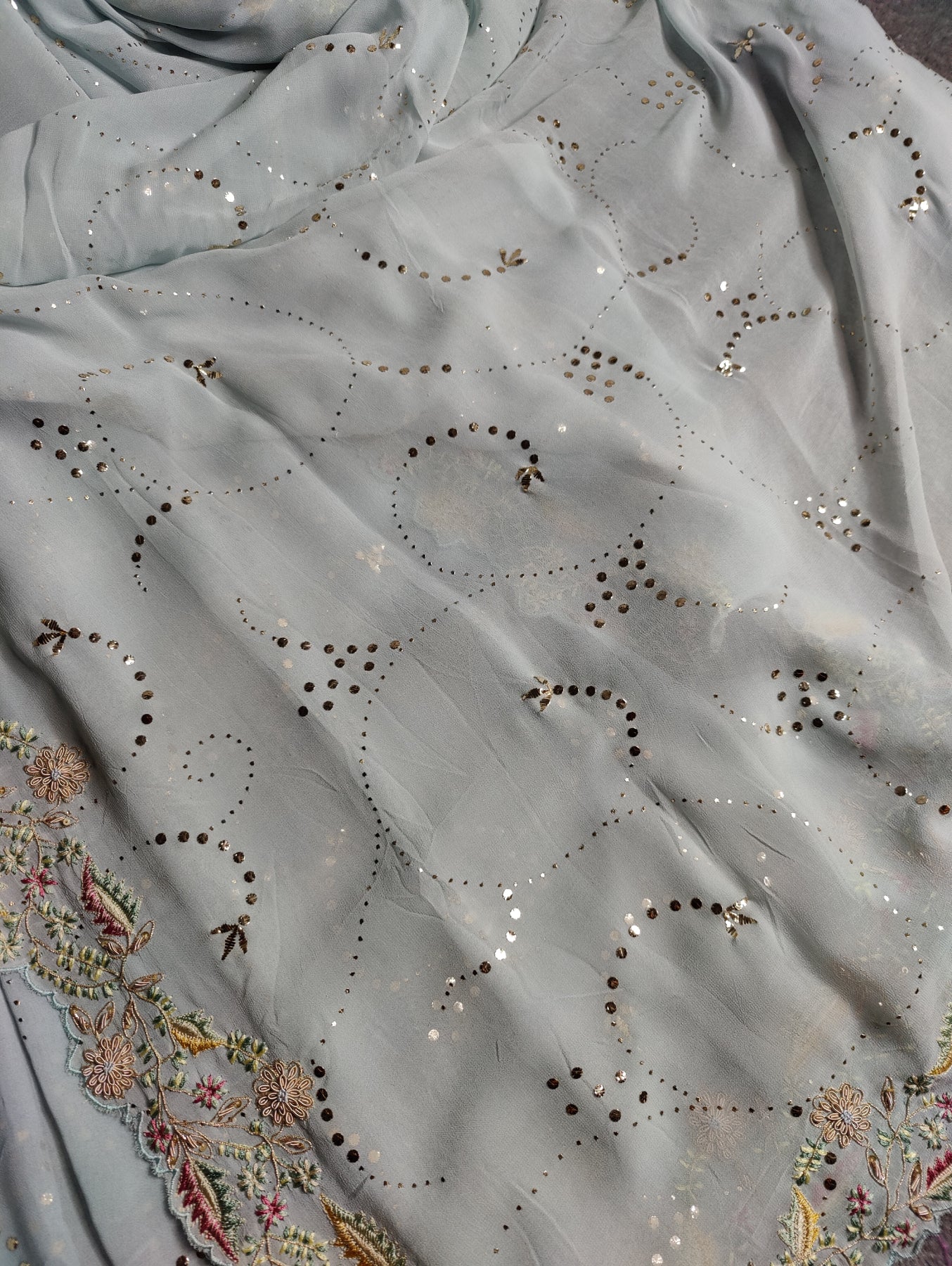 POWDER BLUE GEORGETTE PURE HANDLOOM EMBROIDERY SAREE